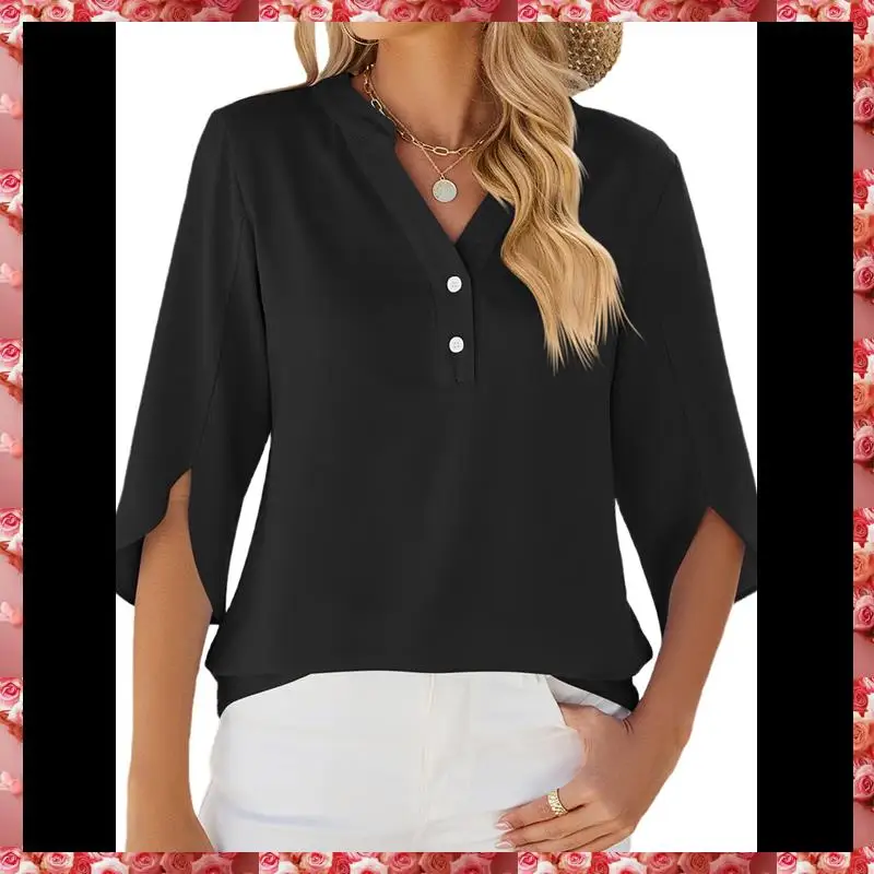 ผู้หญิงเสื้อชีฟองลําลองเสื้อ 1/2 Ruffled Sleeve V คอหลวม Fit เสื้อเสื้อ