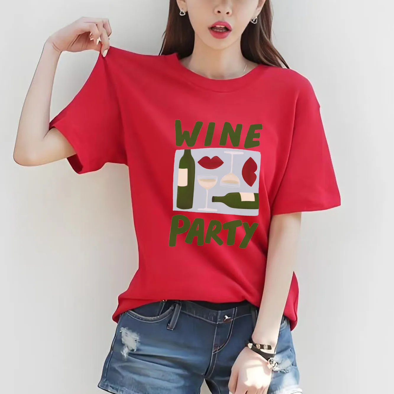 

Grape wine luminous cup printing fashion Joker summer women's short sleeve round neck T-shirt