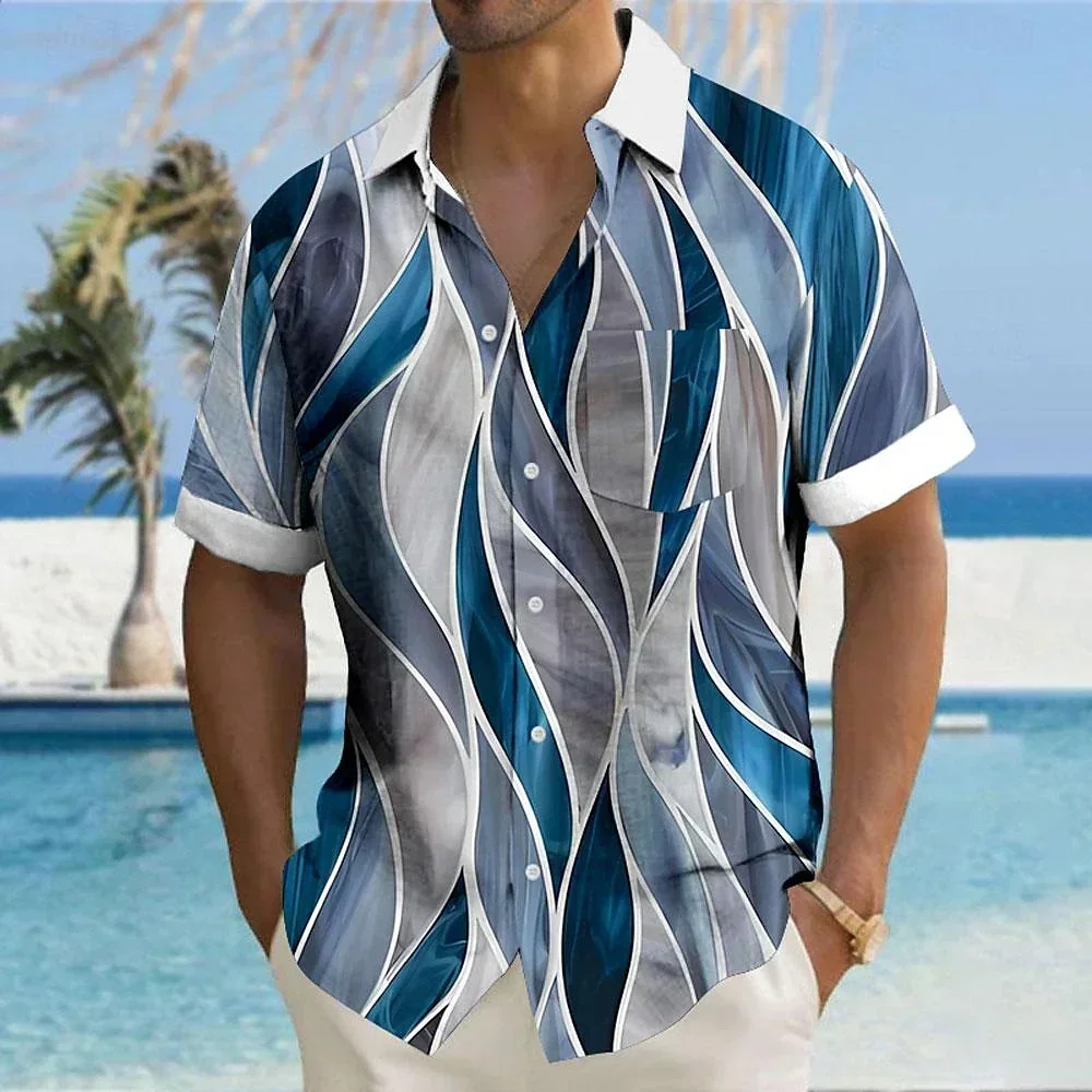 Men's Geometric Stripe Printed Shirt, Hawaiian Vacation Shirt, Casual Party, Outdoor Vacation, Summer tops&tees Clothing