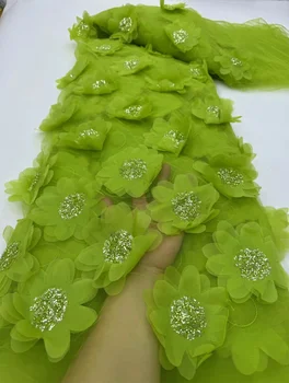 Africano 3D Applique Tecido de Renda para Casamento, Lantejoulas Nigerianas, Talão Bordado, Francês, Alta Qualidade, 5 Jardas, 2024