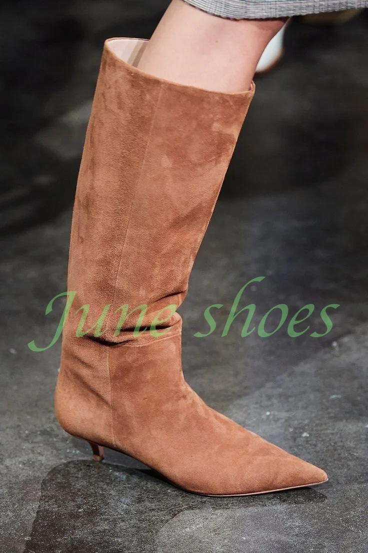 

Lady Suede Calf Kitten Heel Pointed Toe Calf Boots Runway Footwear Suede Low Heel Elegant Fall Vintage Footwear Size 34-46