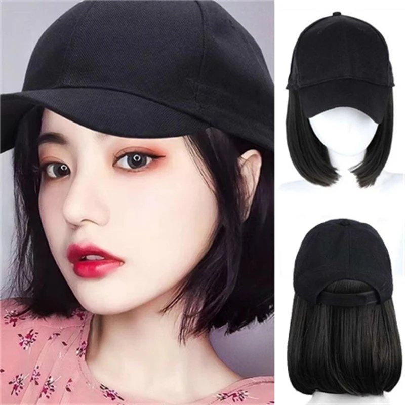 Baseball Hat Cap Wig With Bob Straight Short Hair Wigs Hat Attached Short Hair Cap Wig