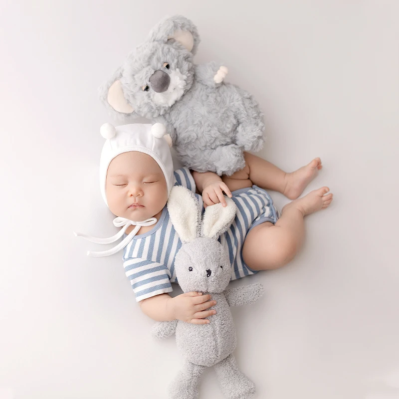 Summer Newborn Photography Doll Theme Stripes Set Cute Wind Koala Rabbit Doll Photography Props Baby Birth Memorial Photo Props