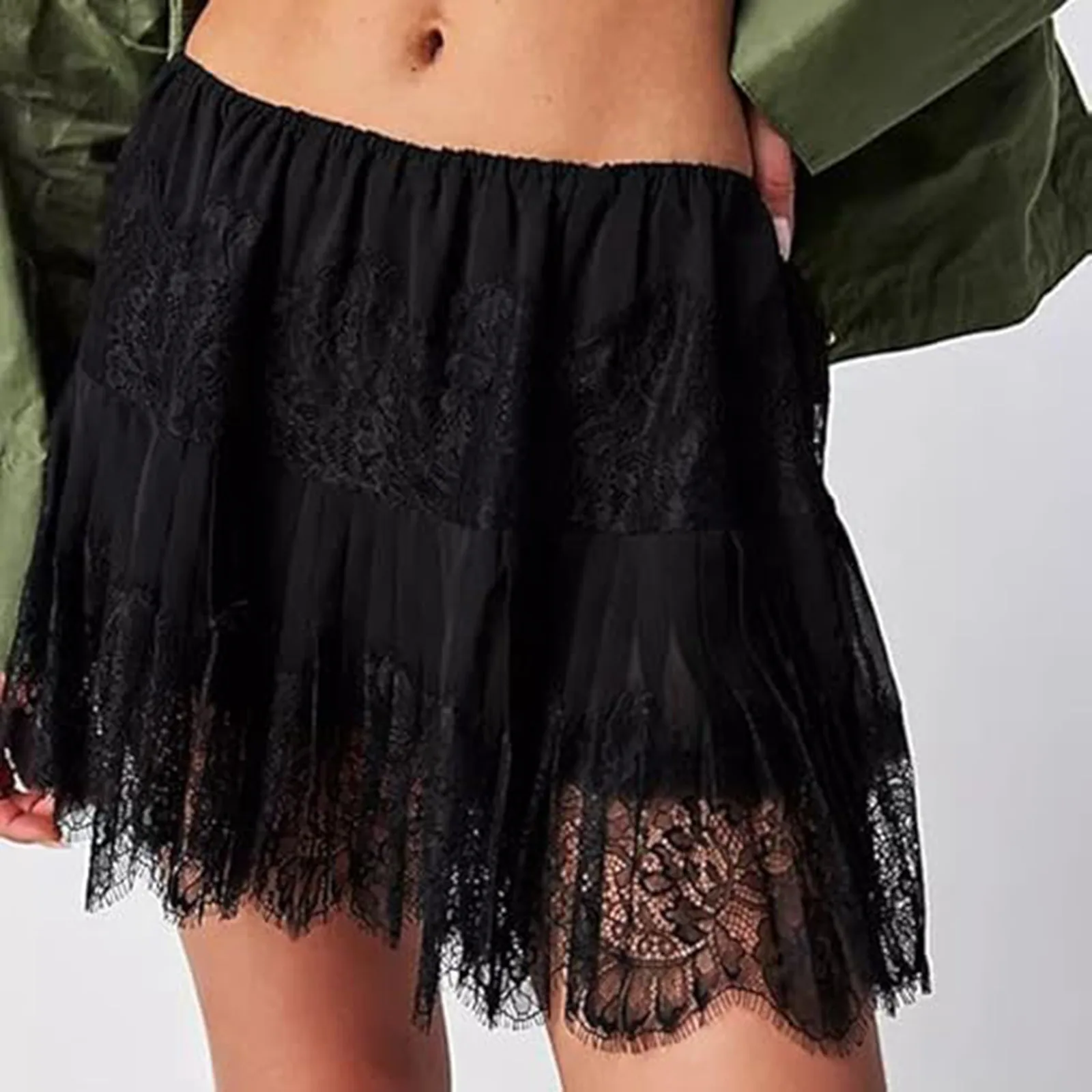 Fashion Women Lace Mini Skirt Low Rise Pleated Ruffle Half Slip Skirt Layered Flowy Short Skirt Beach Holiday Streetwear