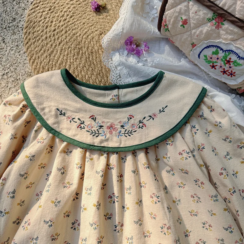 

French retro embroidered long-sleeve girls' dress2025Autumn New Sweet Floral Stylish Children's Princess Dress