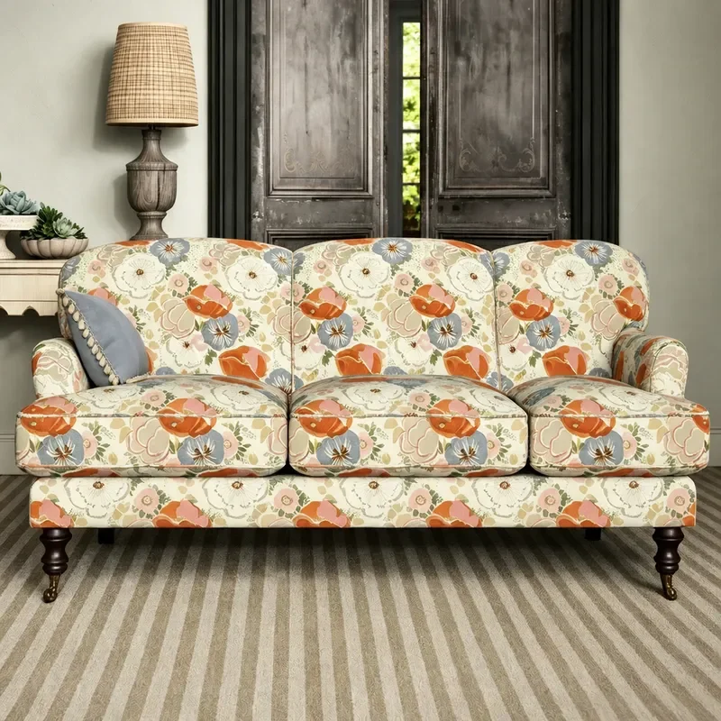 Retro Casual Solid Wood Sofa Printed Fabric 3 Seater Straight Couch for Living Room Bedroom