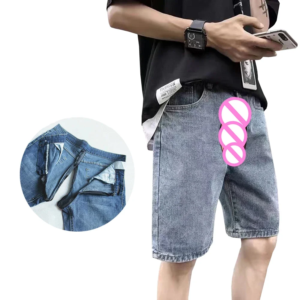 Large Size Casual Pants Straight Denim Shorts for Men Invisible Open Crotch Outdoor Sex Summer Men's Fashion Retro Loose Fit