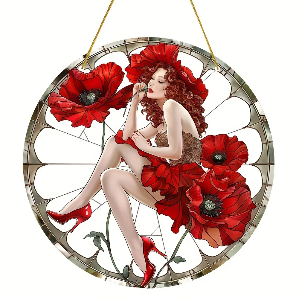 Elegant Lady Red High Heels Red Poppy Stained Glass Effect Round Acrylic Hanging Plaque
