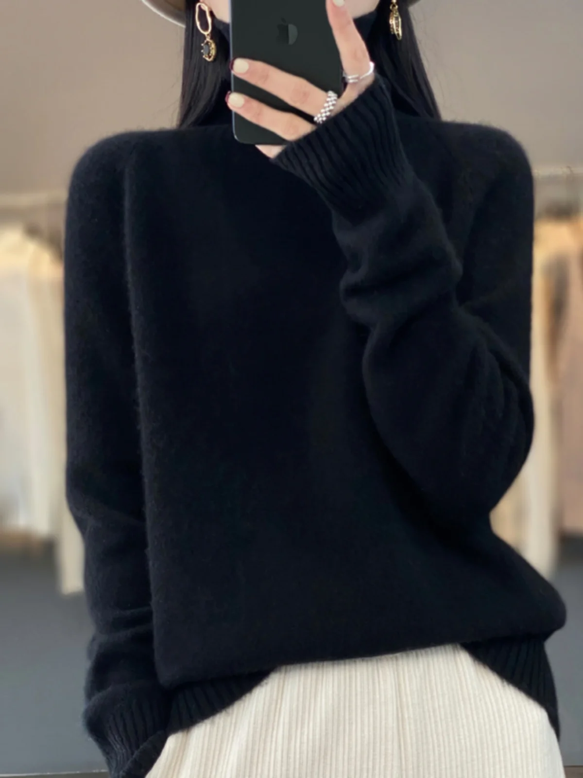 

New high-necked pure cashmere sweater female pullover loose knit thick sweater black sweater 100% pure cashmere.