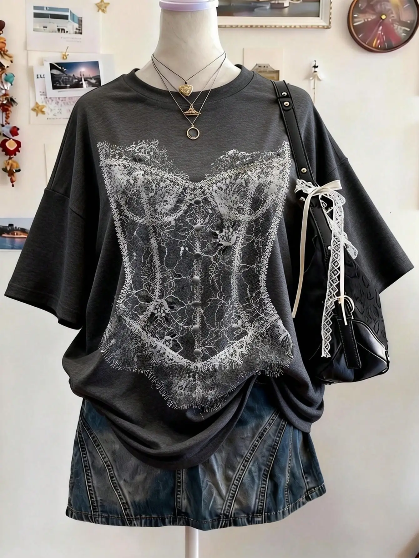 2026 Vintage Women Oversized T‑Shirt Lace Corset Print O‑Neck Short Sleeve Tee Coquette Aesthetic Loose Casual Going‑out Top