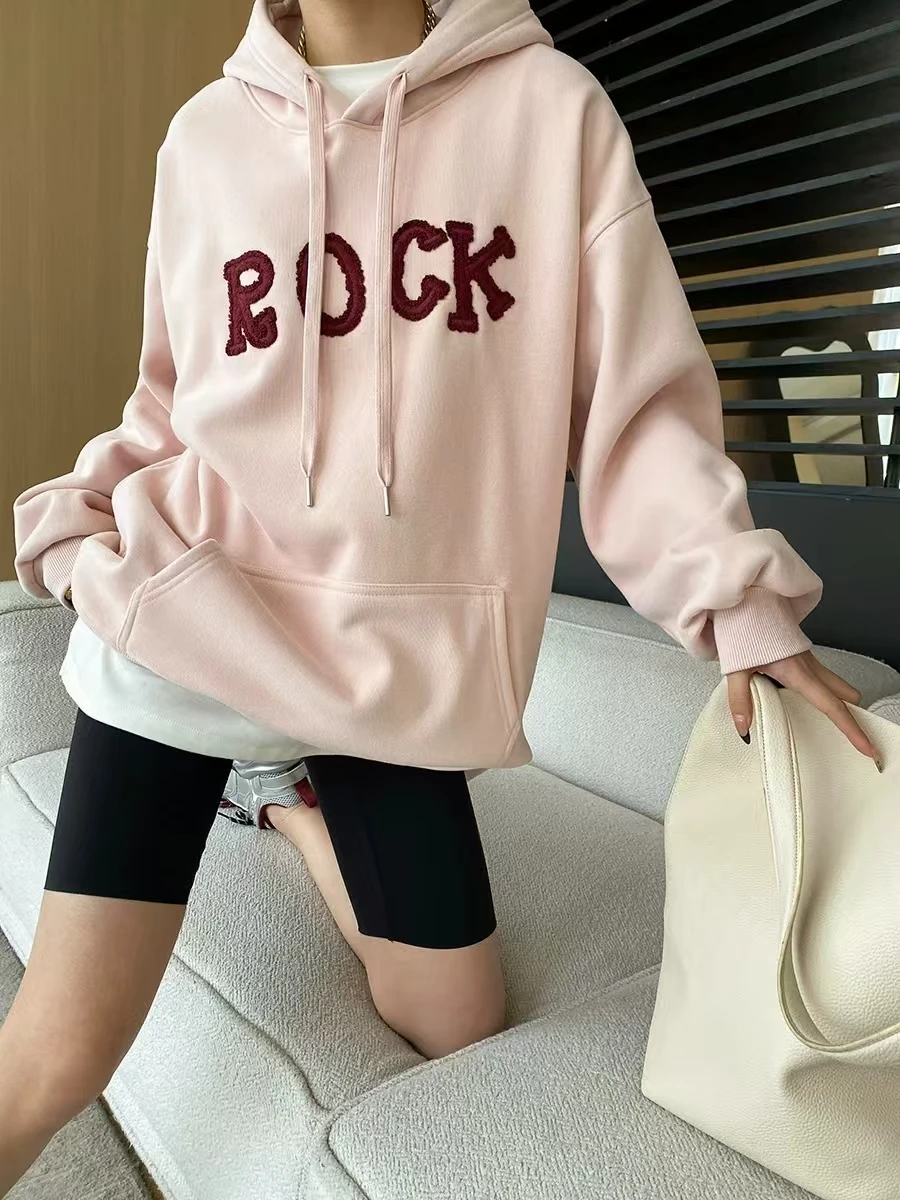 

American Leisure Street Lazy Style Silhouette Patch Embroidered Letters With Velvet Hooded Sweatshirt