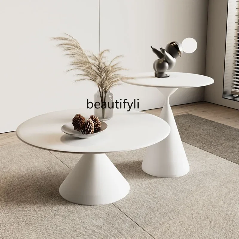 

Stone Plate Coffee Table Living Room Home Pure White Minimalist Cream Style Size round Coffee Table Combination