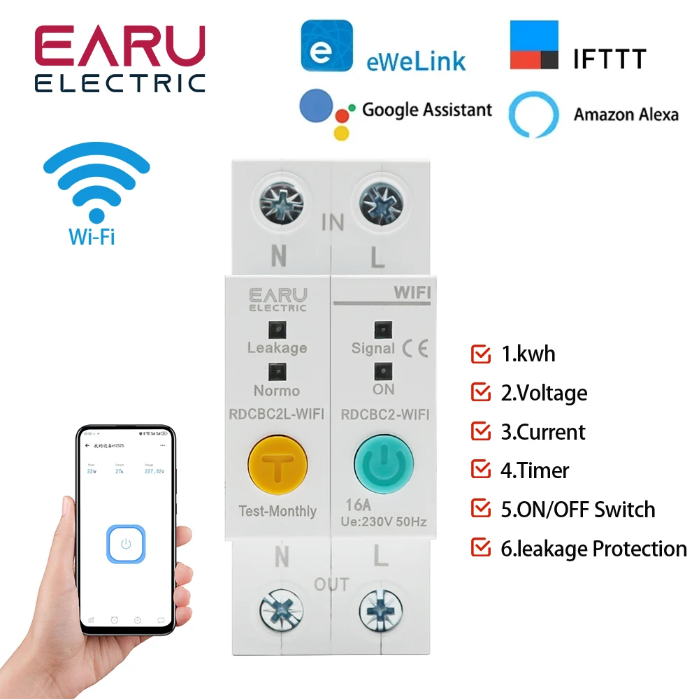 

2P WIFI Circuit Breaker Energy Power kWh Meter Time Timer Switch Relay Voltmeter Current Leakage Protection RCBO Remote Control