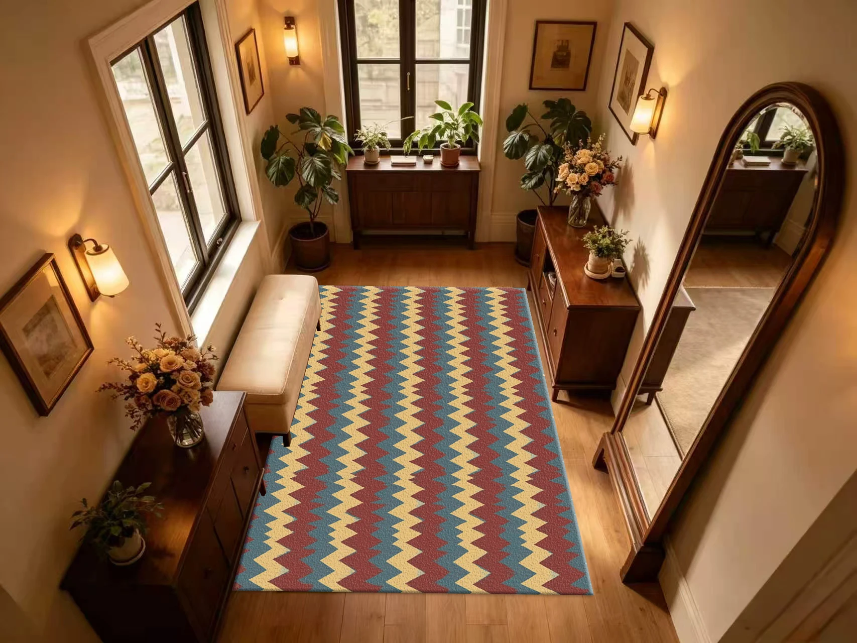 Vintage Hand-Painted Chevron Zigzag Carpet Flooring Retro Color Block Seamless Printed Floor Rug for Villa House Decor