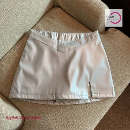 Korean style irregular high waist split silver skirt female spring and summer fashion temperament spice girl hip leather skirt