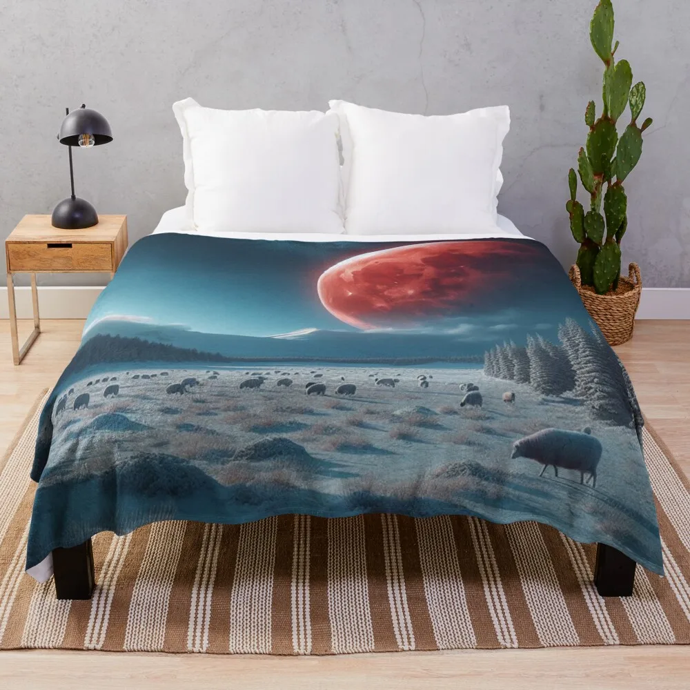 

A Red Moon Roaming A Snowy Landscape. Throw Blanket Bed Fashionable Bed covers Blankets