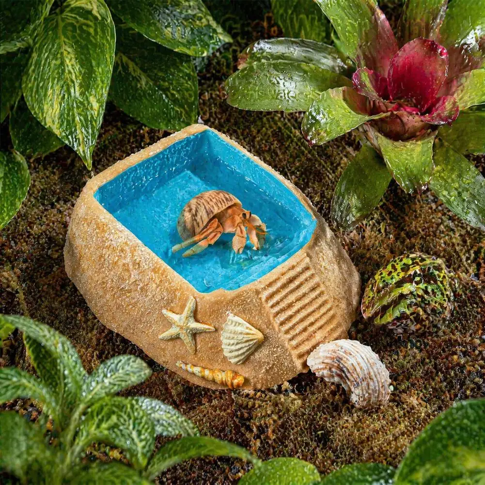 Hermit Crab Water Dish Small Water Bowl Beach Pool Hermit Crab Habitat Ornament with Climbing Ramp Starfish Conch Decor Turtle