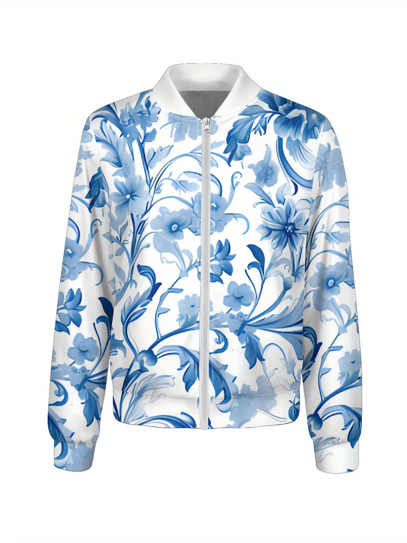 여성용 플로럴 프린트 재킷, 블루 화이트 플라워 디자인, 스트레치 폴리에스터 혼방, 긴 소매 지퍼업 캐주얼 스타일