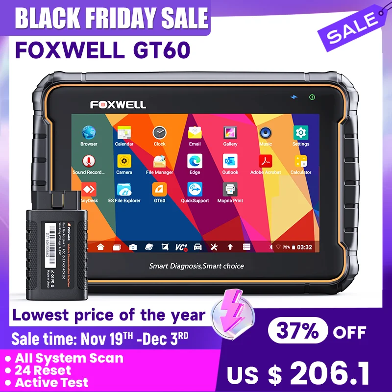 فوكسويل المهنية OBD2 ماسح السيارات ، جميع أداة تشخيص النظام ، GT60 ، 24 بالإضافة إلى إعادة تعيين ، القيمة المطلقة ، SAS ، TPMS ، ODB 2