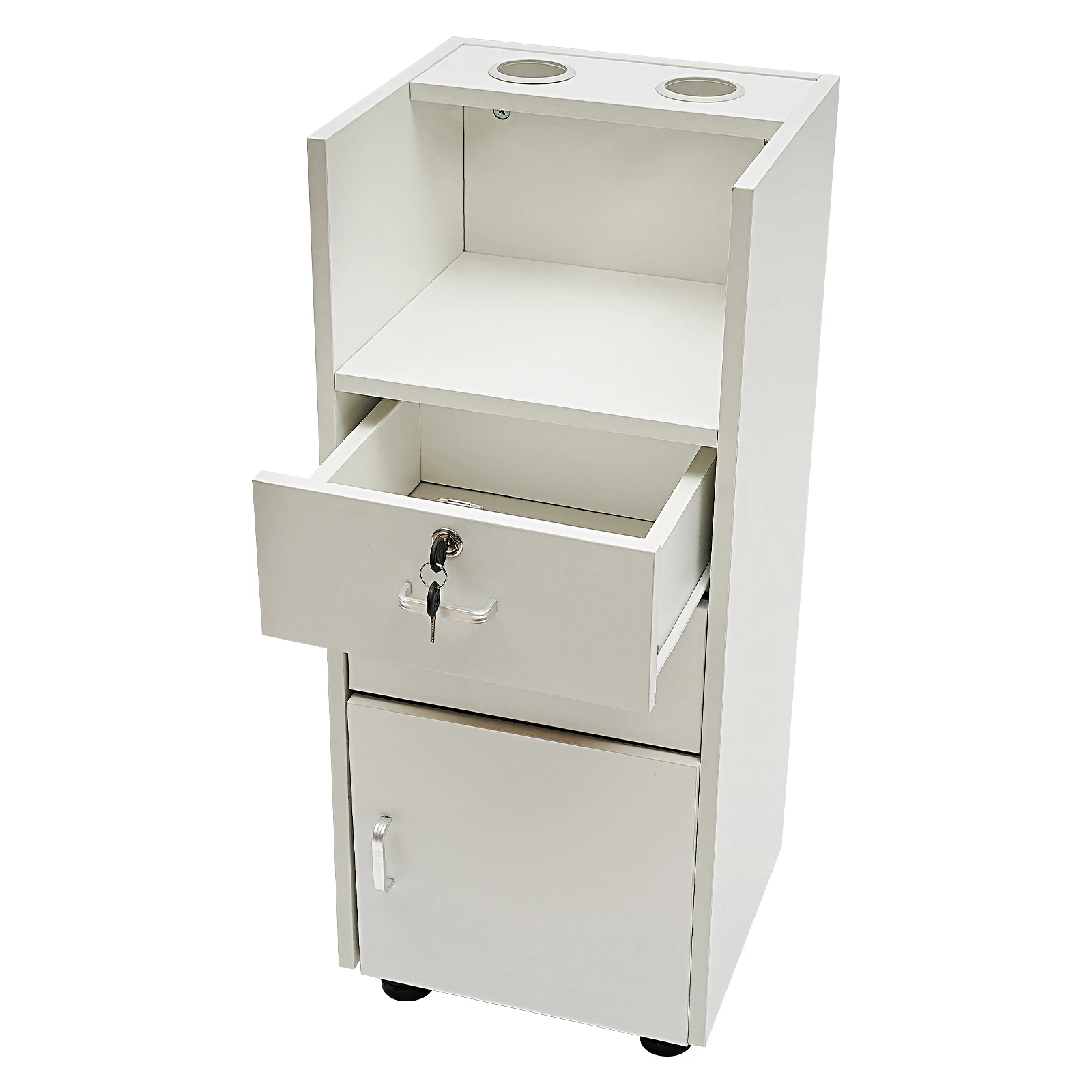 Barber Stations Storage Cabinet with Drawer & Wheels,Hair Stylist Station with 2 Hair Dryer Holders,White