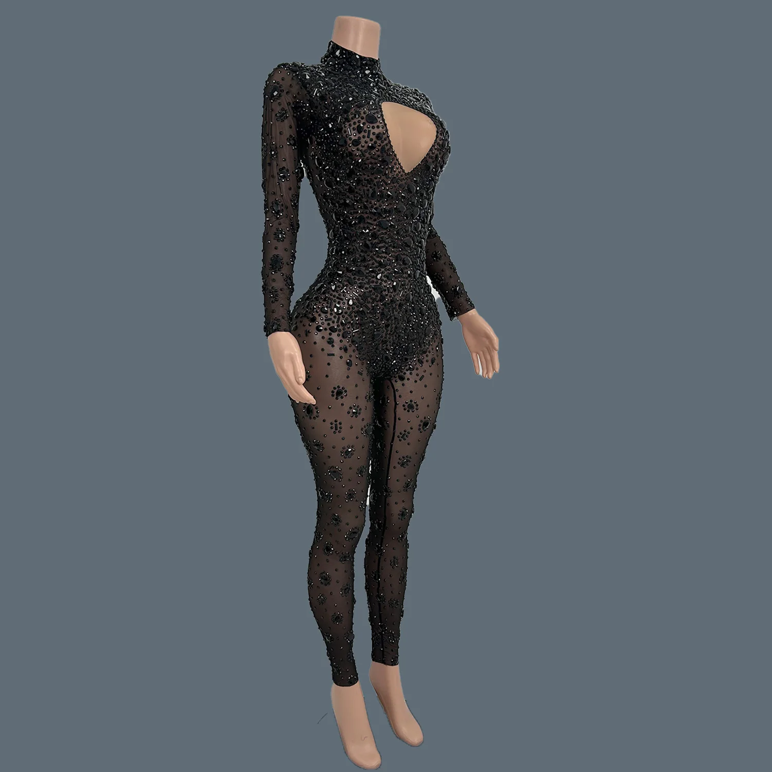 Sparkly Crystals Sheer Mesh Bodycon Jumpsuit for Women Birthday Party Show Outfit Female Singer Stage Performance Wear Cuican