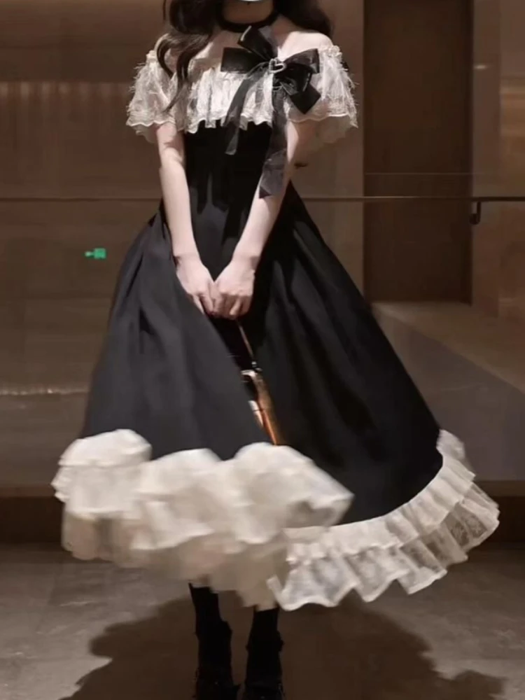Robe élégante française de princesse d'été avec nœud, dentelle et volants, épaules dénudées, taille haute, grande jupe évasée, noire et blanche, pour femmes et jeunes filles, pour les fêtes et le quotidien