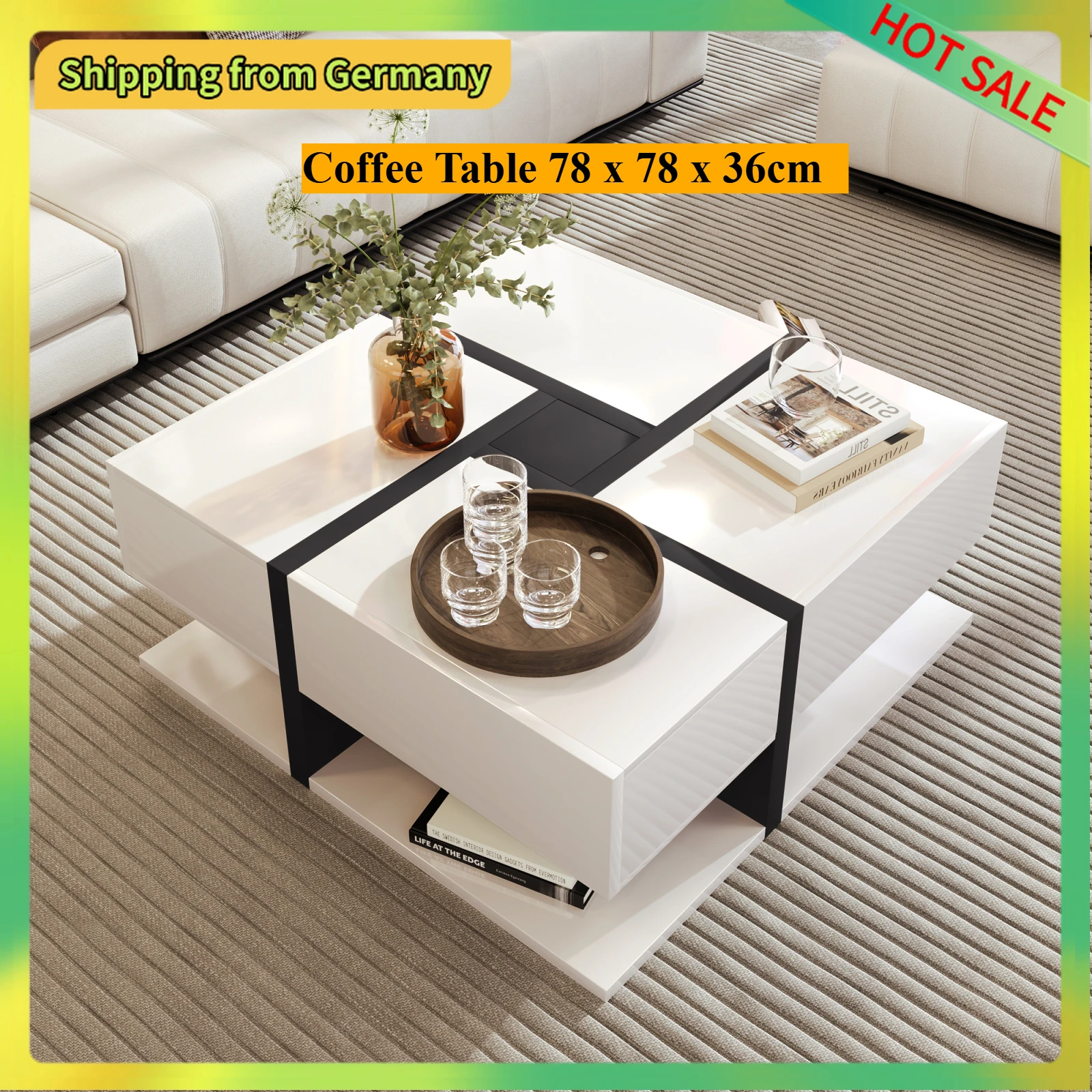 Tavolino da caffè moderno Comanlai con 4 cassetti, tavolino lucido con spazio portaoggetti e design lineare, 78 x 78 x 36 cm