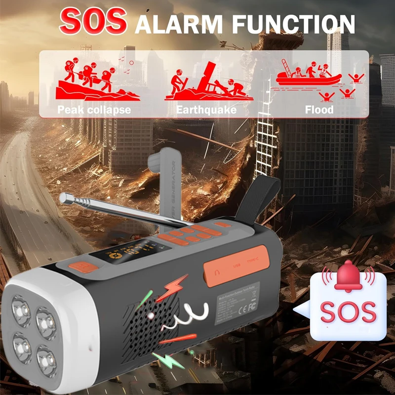 Portable Emergency Radio Hand Crank Solar FM AM SW Radios Wireless Bluetooth Speaker with Flashlight SOS Support Phone Charger