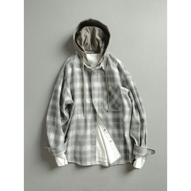 

Loose Fit Plaid Flannel Jaet with Detachable Cap Men's Spring Autumn Casual Sle Breathable Polyester Long Sve