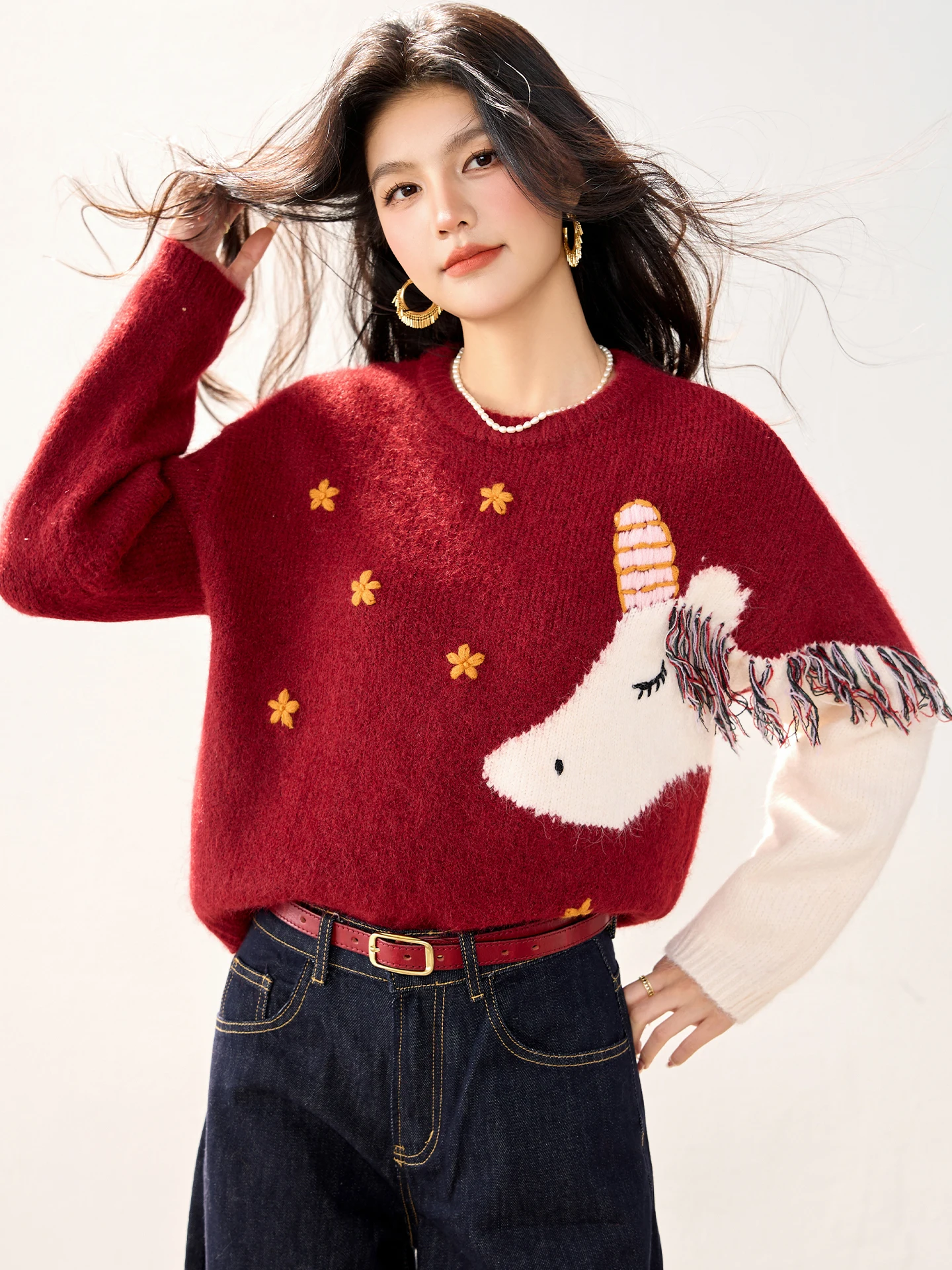 

A Cute And Adorable Little Horse Knitted Sweater Top With Contrasting Color Embroidery For The New Winter Of 2025