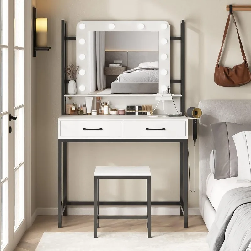 Makeup Vanity Table with Lighted Mirror & Power Outlet,2 Drawer,35" Makeup Desk Dressing Table,3 Lighting Modes