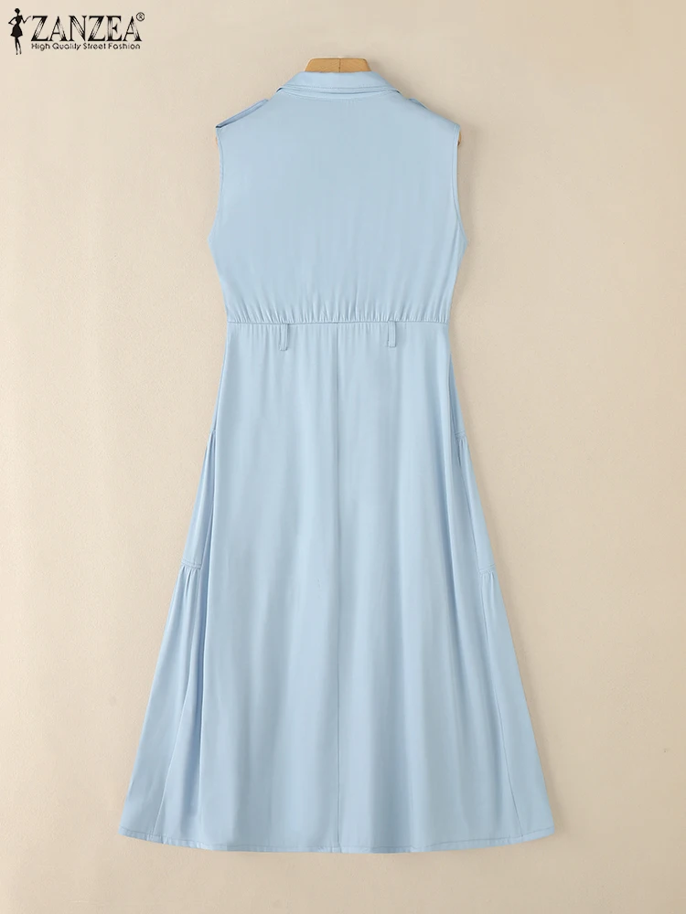 2025 ZANZEA moda vestido de verano mujeres elegante trabajo de oficina sin mangas vestido veraniego Casual solapa cuello botón Midi bata Vestidos sólidos