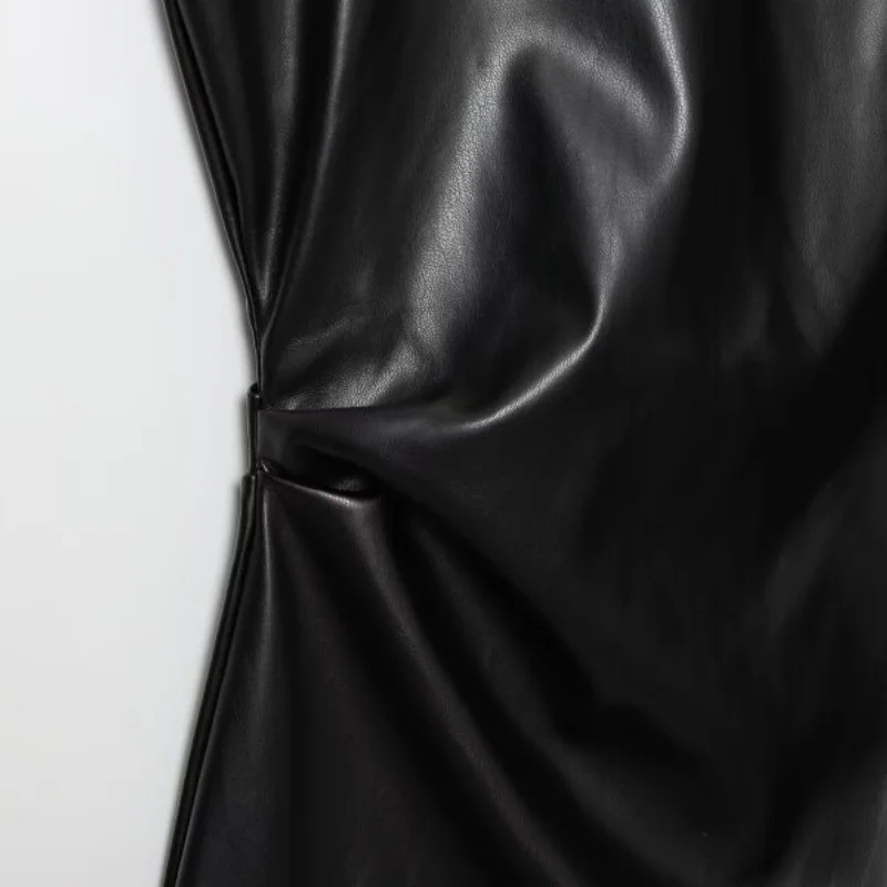 Mini abito da donna senza maniche con spalla imbottita in ecopelle Party Clubwear Elegante moda aderente corto