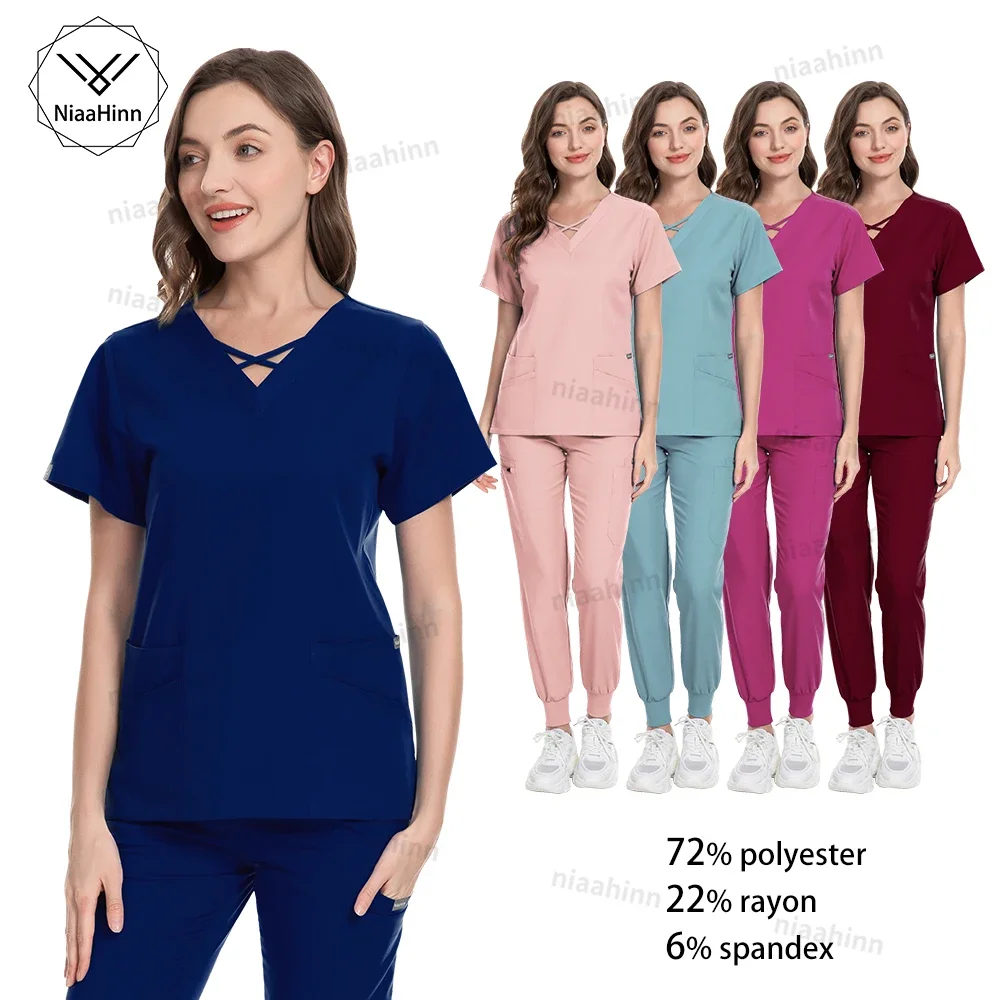 Fashion V-Neck Short Sleeves Scrub Sets Nursing Uniforms Wholesales Healthcare Pharmacy Medical Uniform Women Pet Grooming Scrub