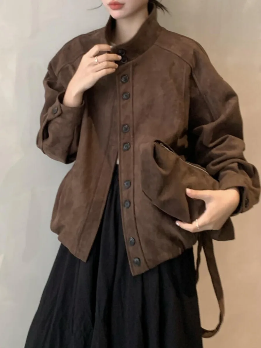 

Женское мотоциклетное куртка в стиле ретро, бархатное бейсбольное пальто свободного кроя из кожи оленя, зимнее пальто Sli с сумкой для женщин