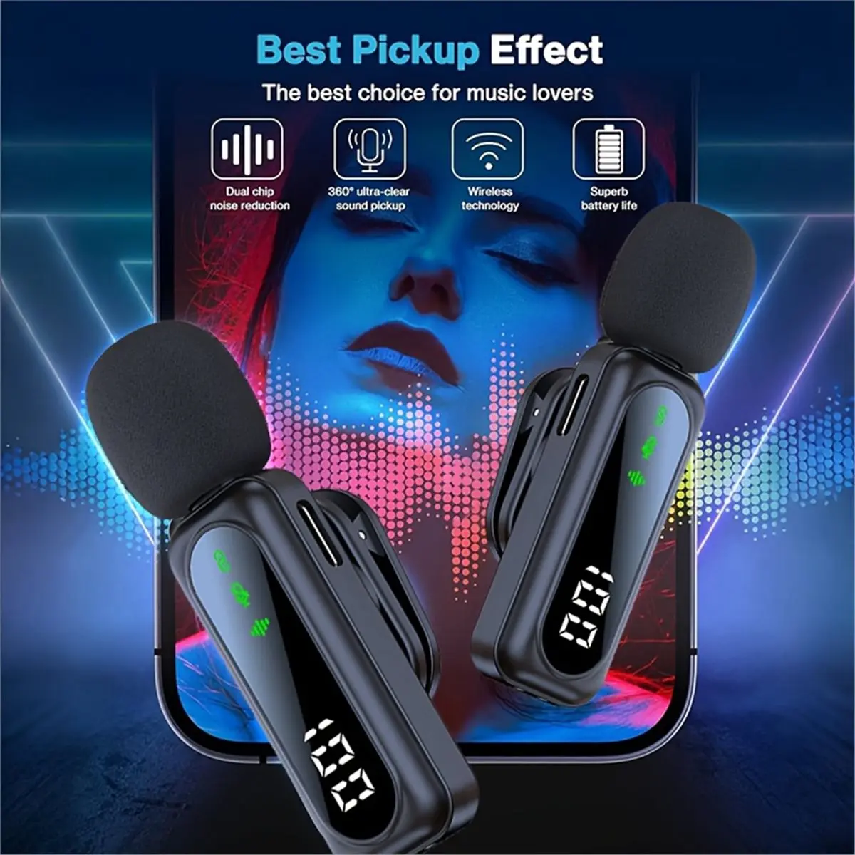 Professional Wireless Lavalier Microphone System with Smart Noise Reduction LED Power Display for Live Streaming Vlog A