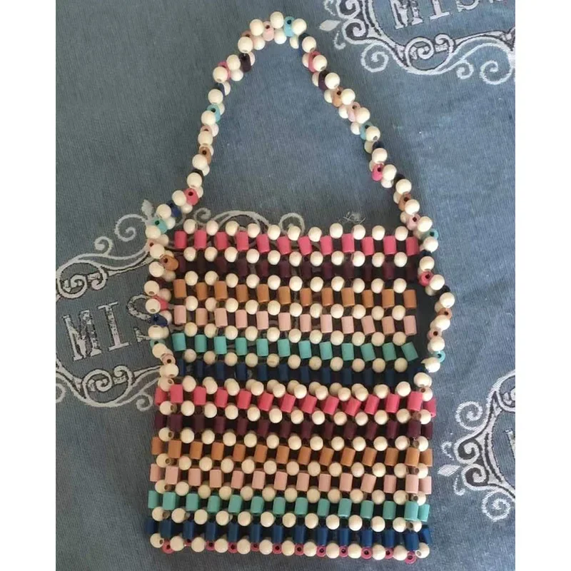 

Retro Leisure Ethnic Style New Handbags for Women Handwoven Colorful Mixed Color Wood Beads Women's Shoulder Bag Customization