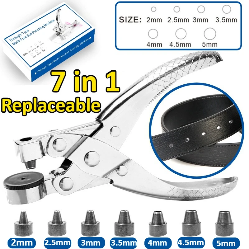 7 in 1 Multi-Size 2mm-5mm Holes Adjustable Professional Leather Hole Punch Tool Rotary Puncher for Belts Watch Straps Crafts