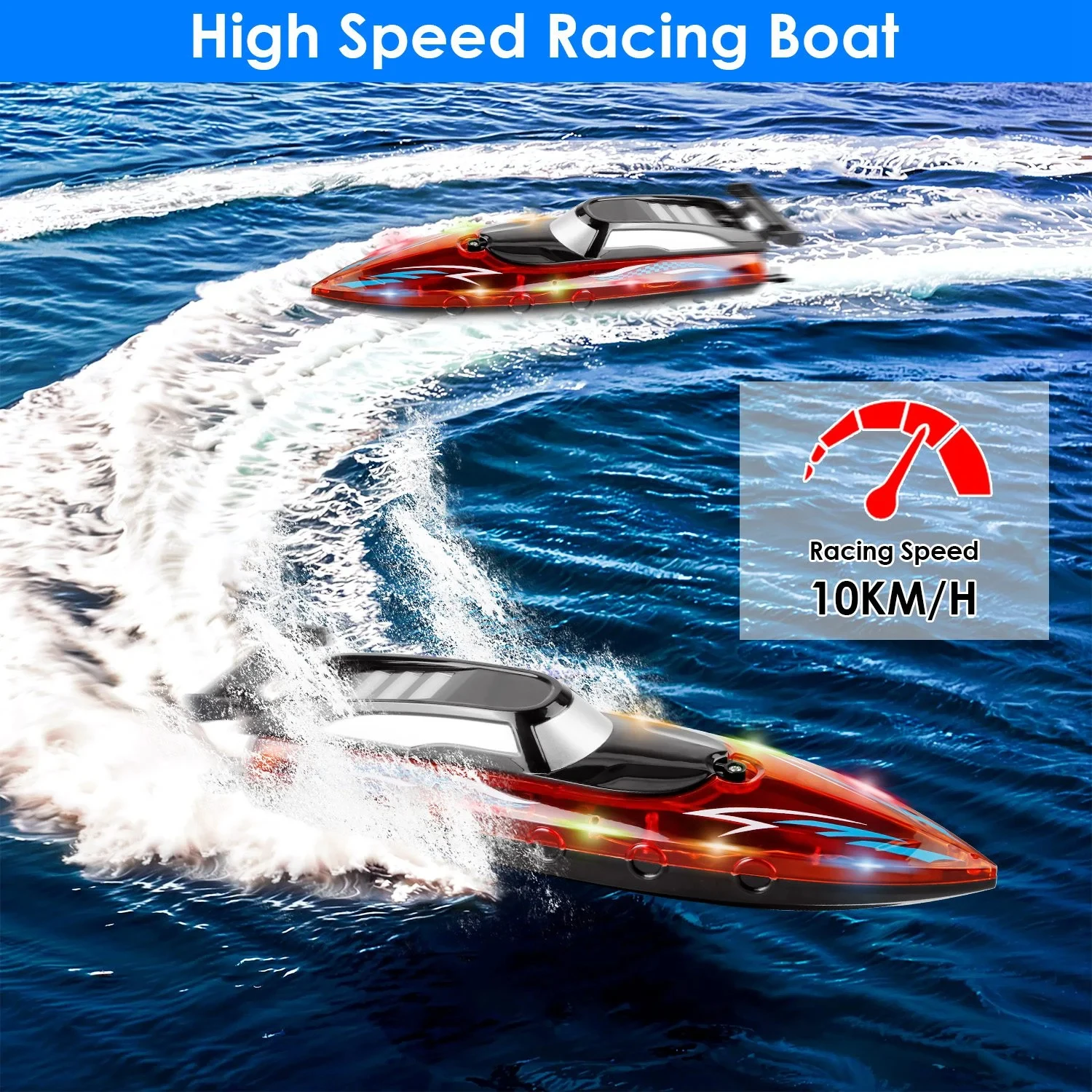 High-Speed RC Boat with LED Lights, 2.4GHz Electric Remote Control Speedboat for Pool Lake Outdoor Water Toys for Kids Boys Gift