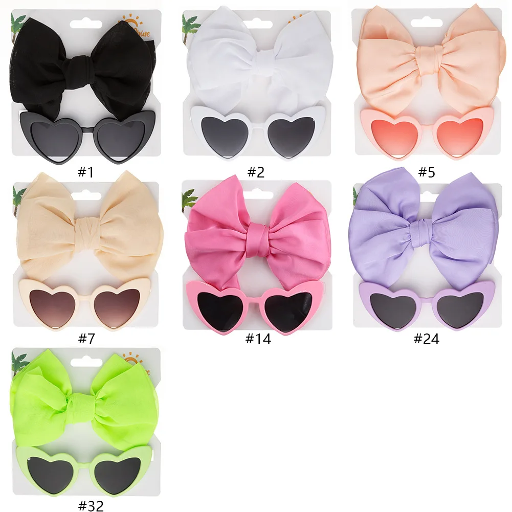 12set/lot Heart Sunglasses Baby Girls Satin Ribbon Bows Nylon Headband Baby Boy Girl Seaside Metal Eyeglasses Kids Accessories