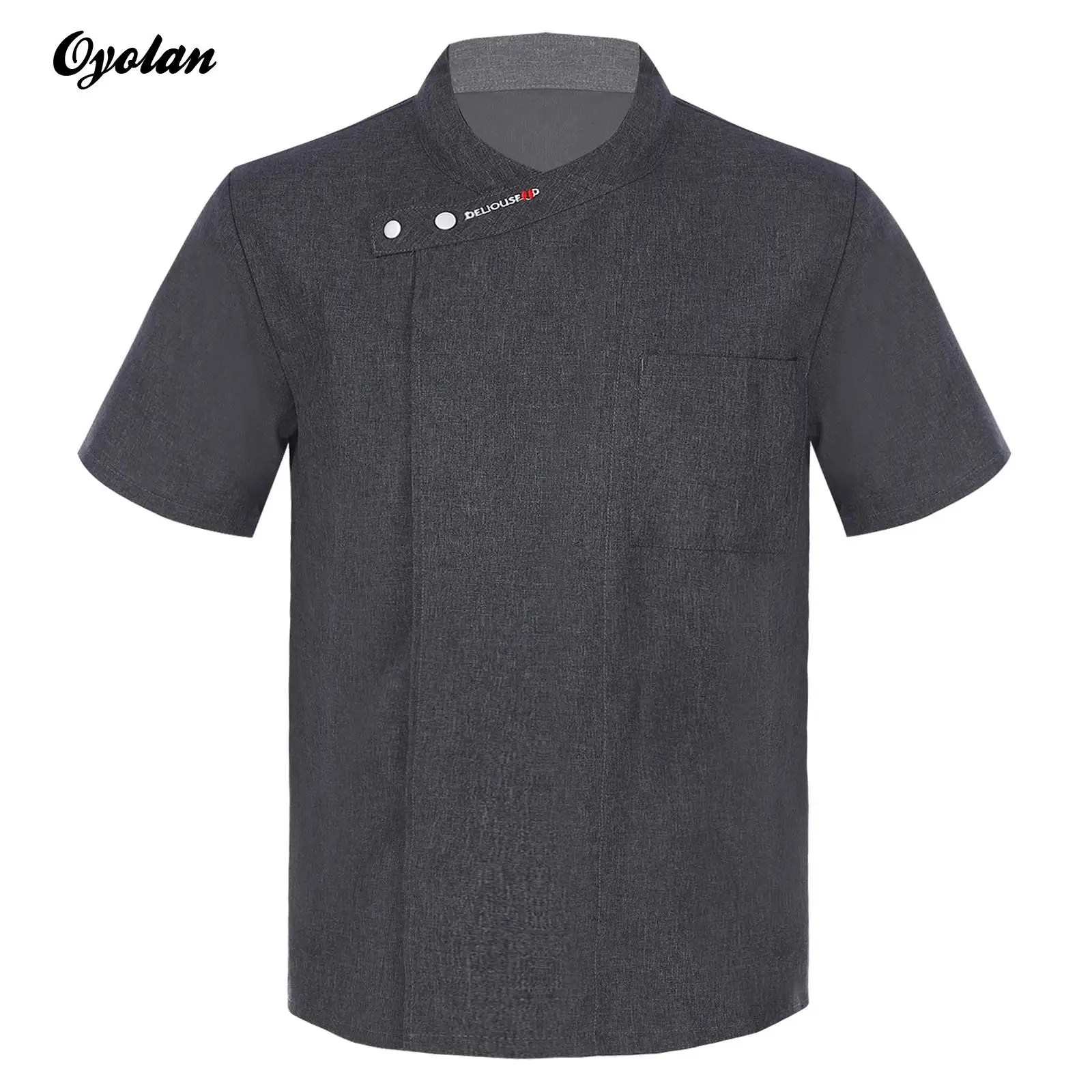 Mens Womens Short Sleeve Chef Coat Letter Embroidery Cross-Over Collar Jacket Kitchen Uniform Canteen Hot Pot Restaurant Hotel