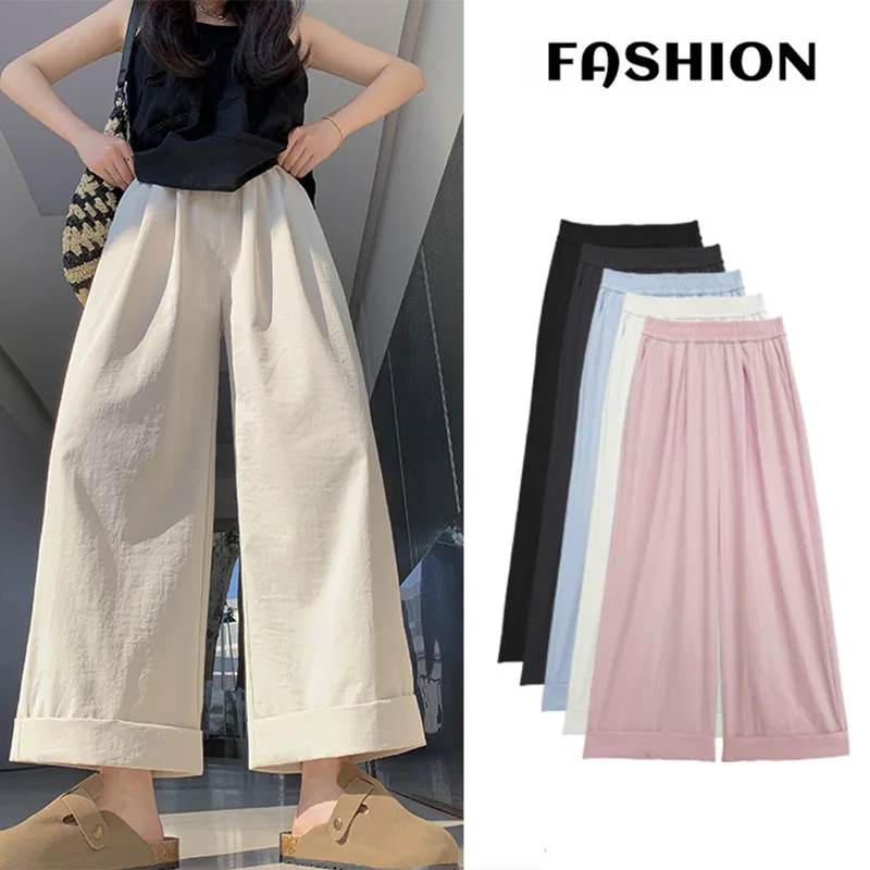 

All-Match Simple Wide Leg Trousers Women Summer Comfort Soft Loose Casual Pants Female Vintage Edge Curl Ankle Length Pants