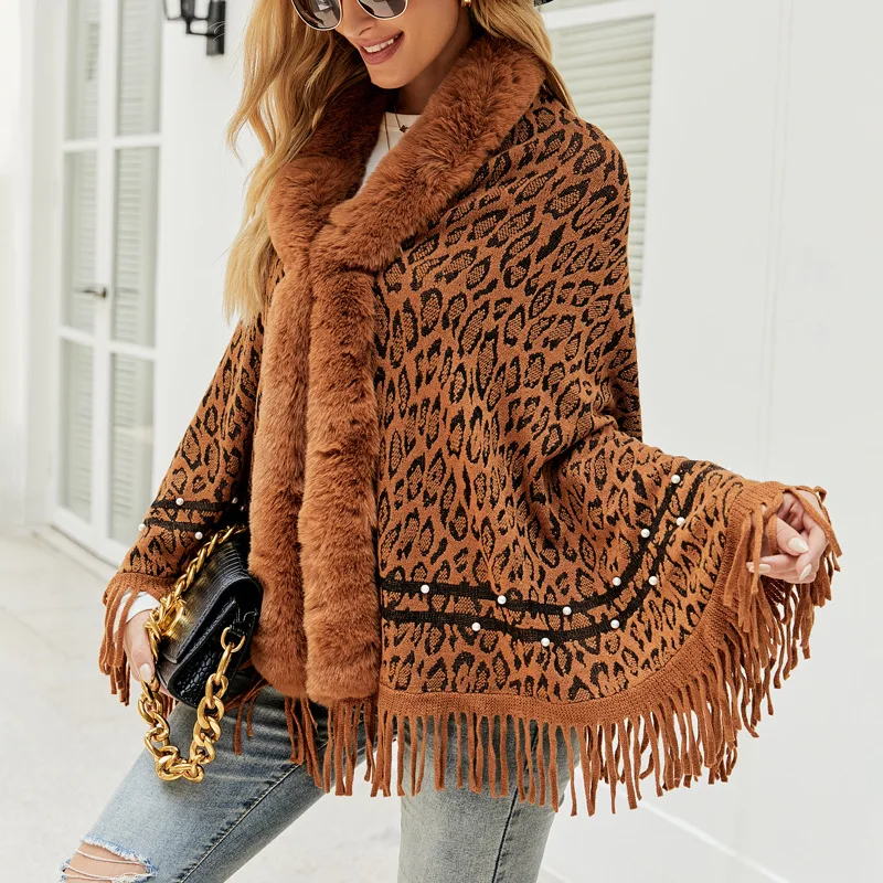 

Fur Collar Winter Shawls And Wraps Womens Winter Ponchos And Capes Sleeve Cardigan New leopard Cape Coat Lady Cloak