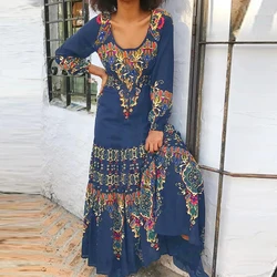 2022 Retro Maxi Dress Women Summer Long Sleeve O Neck High Waist Dress Vintage Floral Print Boho Beach Long Dress New Vestidos