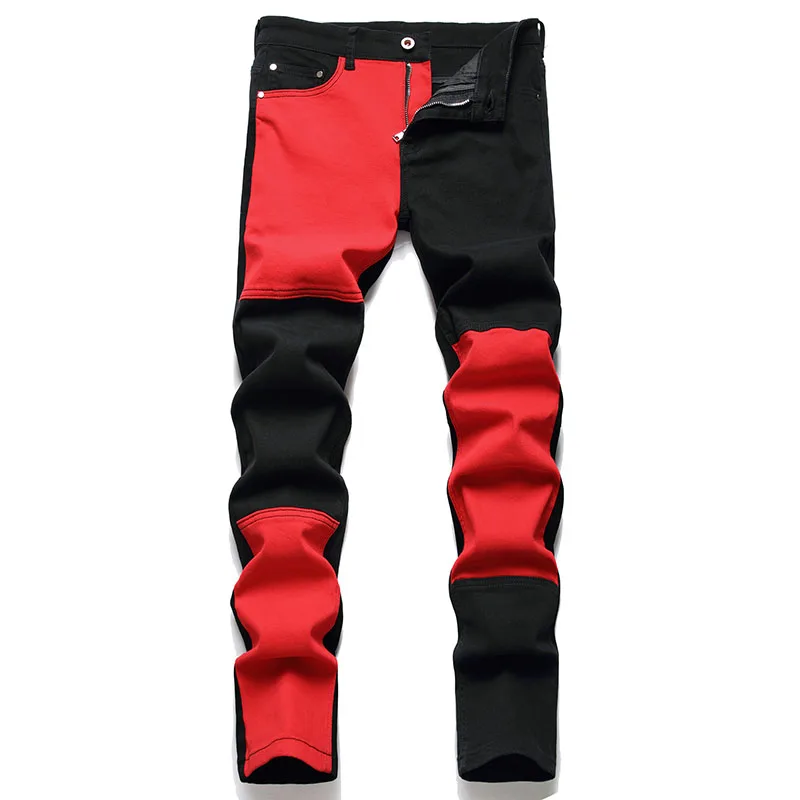 2022 New Men's Color Contrast Patchwork Biker Jeans Men Straight Slim Casual Denim Pants Streetwear Hip Hop Jean Homme for Male