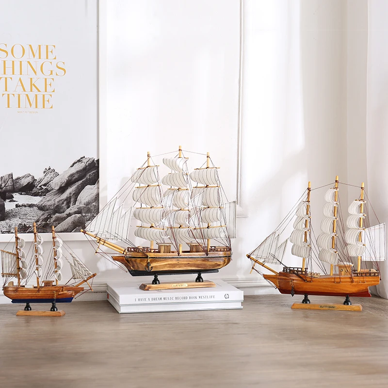 Mediterranean Wooden Sailboat Model Ornaments Creative Handmade Solid Wood Simulation Craft Home Decoration Retro Ornaments