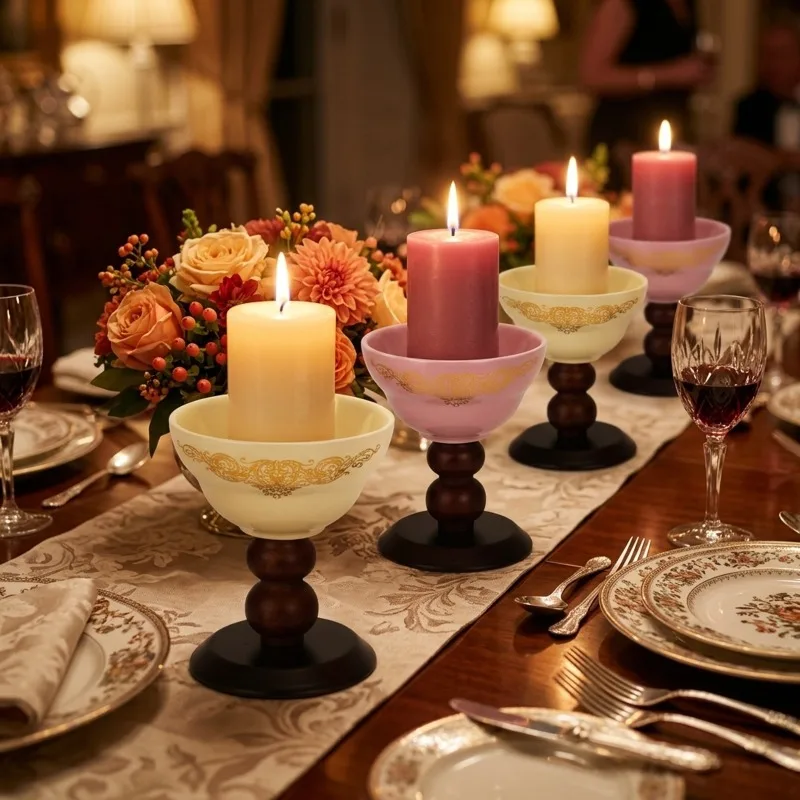 Ceramic Tea Light Candle Holder with Wooden Pedestal Gold Decorative for Home Table Use Dining Party Wedding Decor Centerpiece