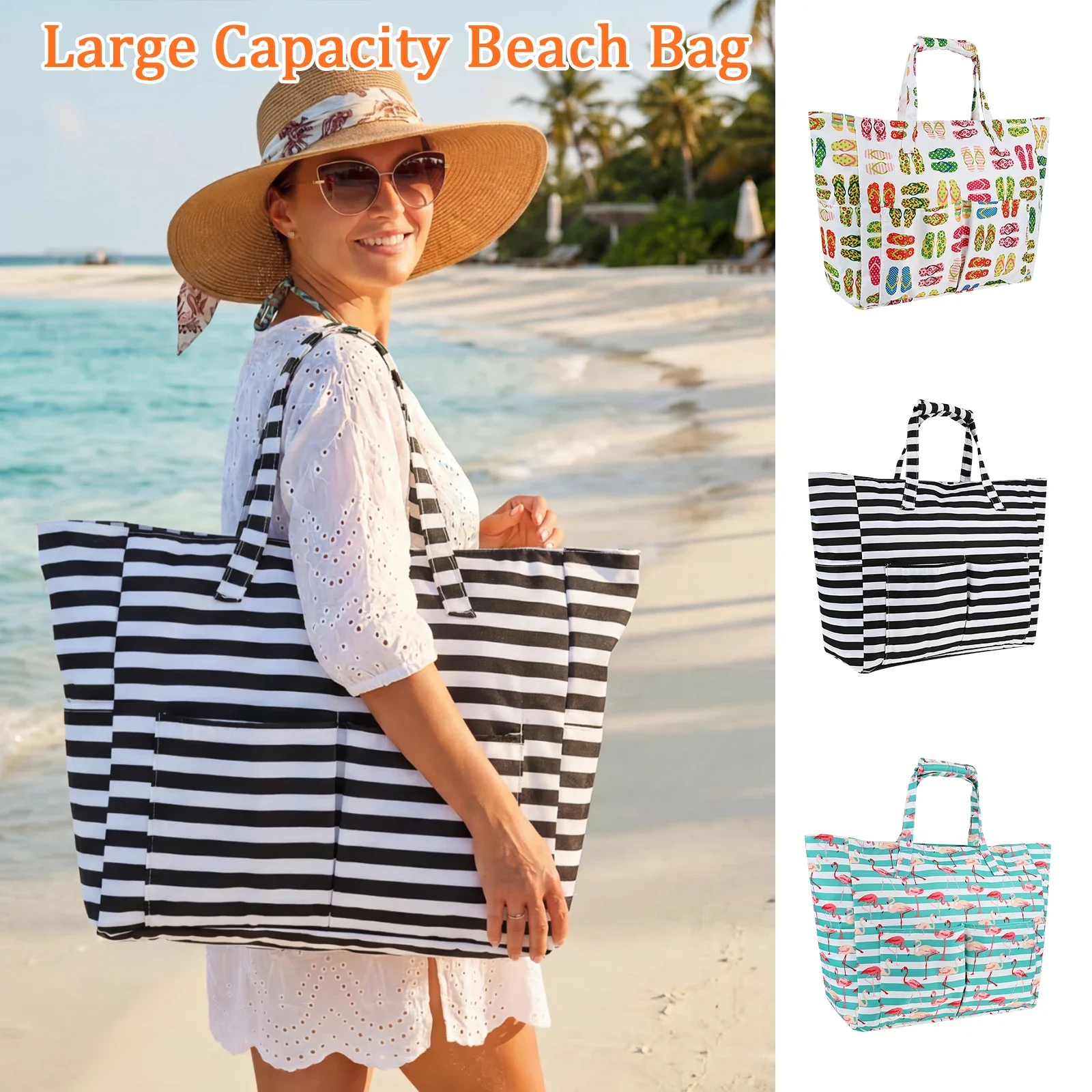 Beach Tote Bag Oxford Cloth Waterproof Beach Tote Pool Bag with Wet Compartment Multi-pocket Foldable Swim Pool Bag for Travel