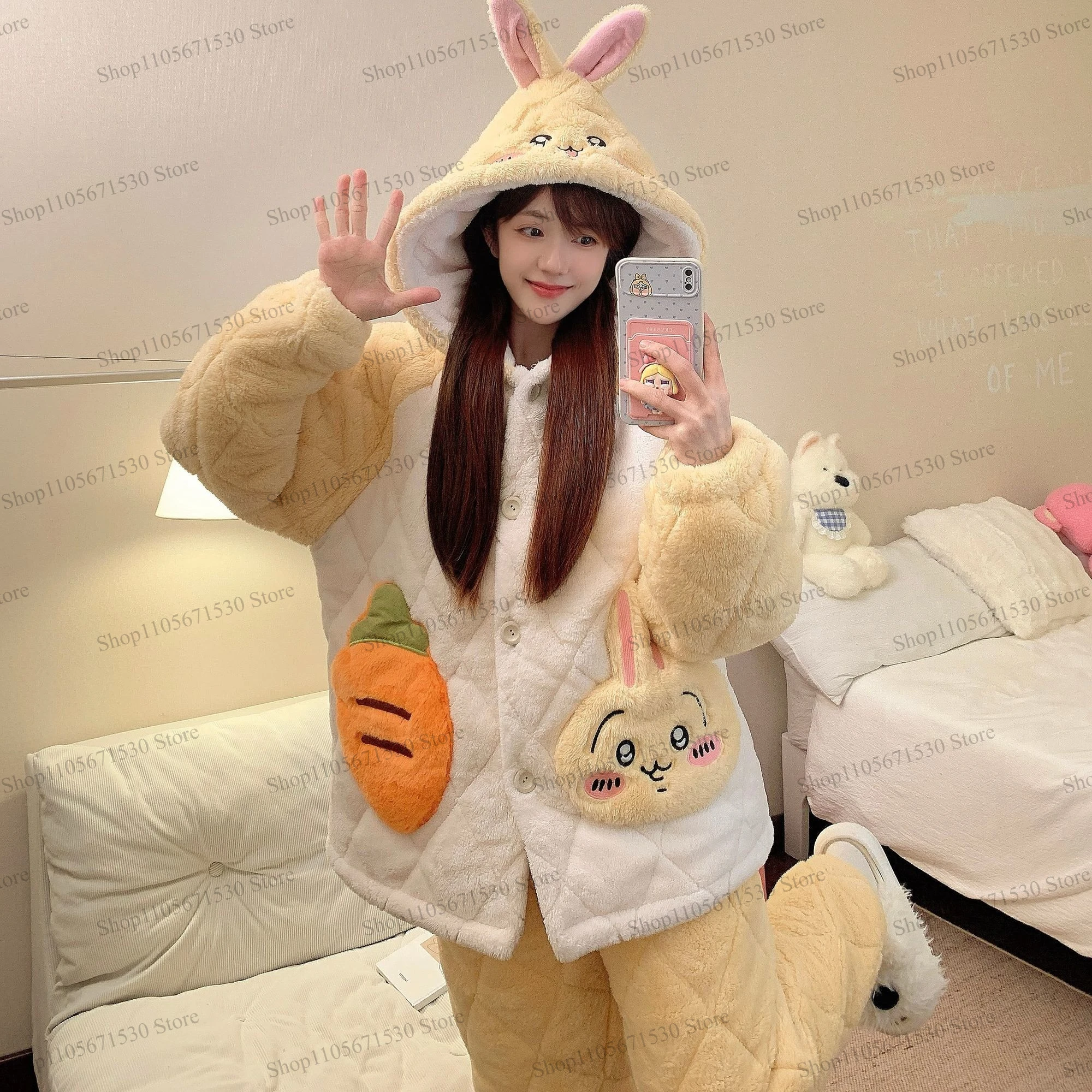 Kawaii Chiikawa Usagi Three Layer Quilted Pajama Set Women Extra Thick Winter Couple Loungewear Suit for Indoor Daily Wear Cute