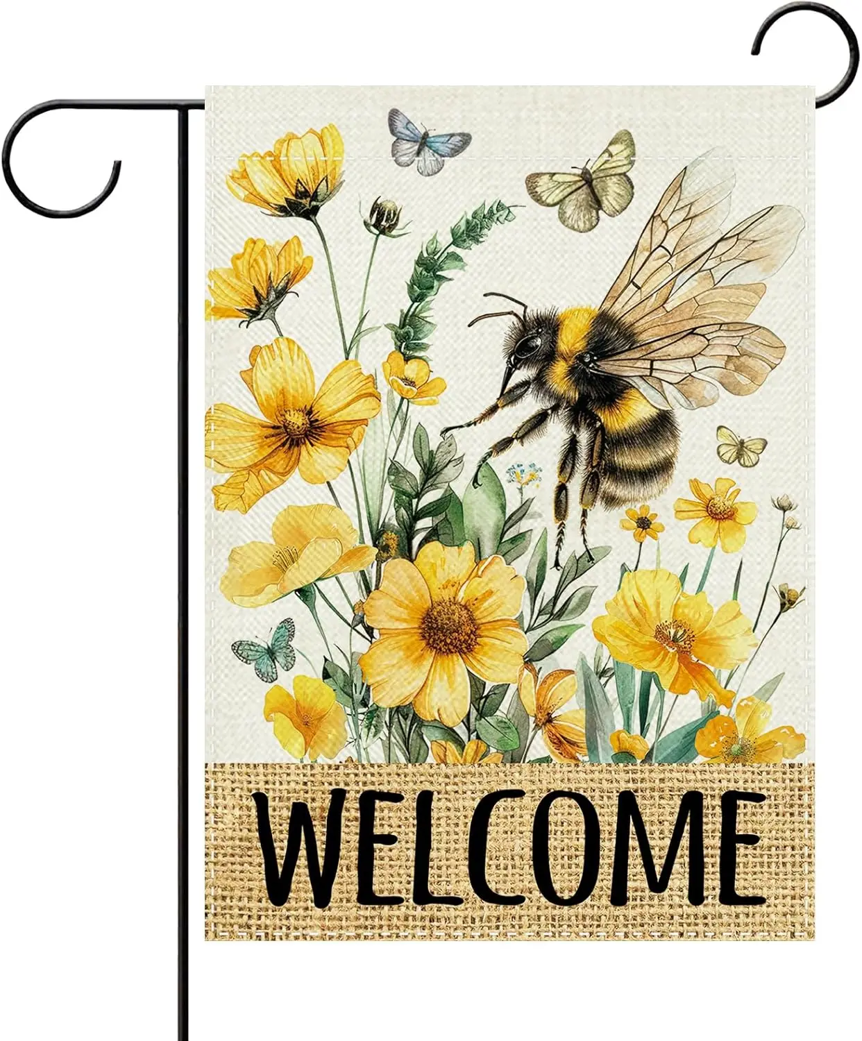 Welcome Spring Summer Bumble Bee Floral Decorative Garden Flag, Yellow Flower Butterfly Small Yard Outside Decorations, Wild AAS